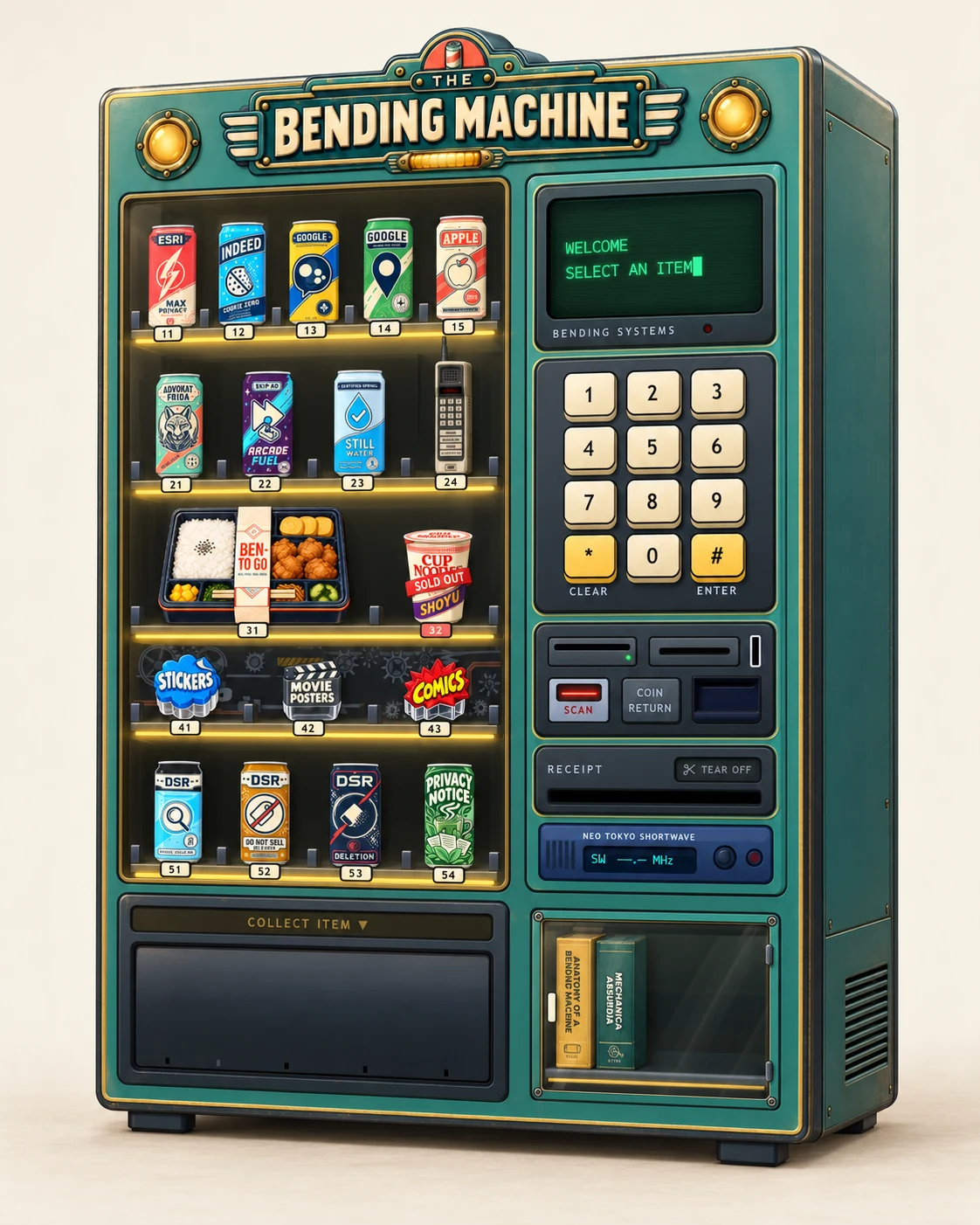 A three-quarter view of the Bending Machine, a green and brass vending machine stocked with Ben’s work and experiments.