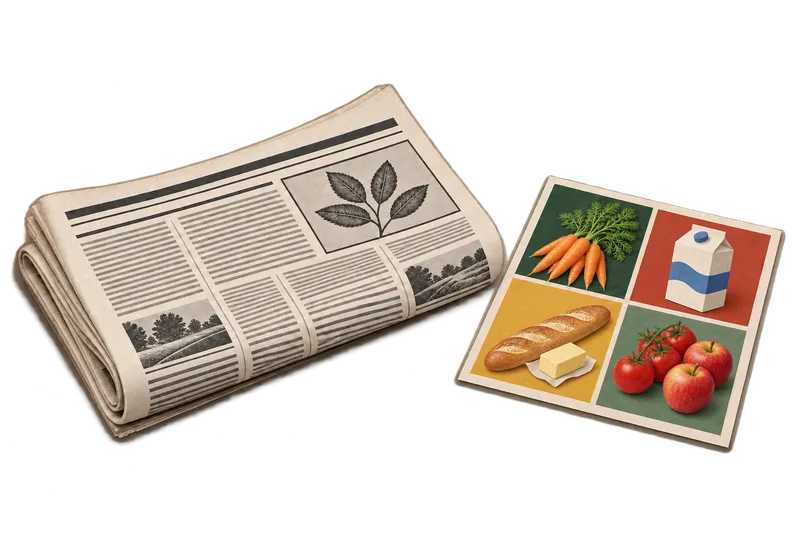 A folded newspaper and a grocery flyer, side by side.