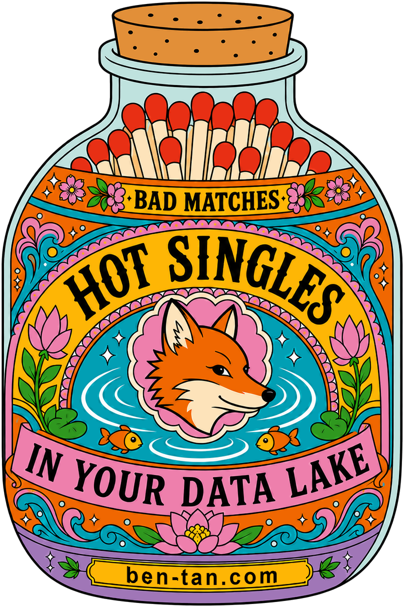 A bottle of red-tipped matches with a fox and fish, Hot Singles, and In Your Data Lake.