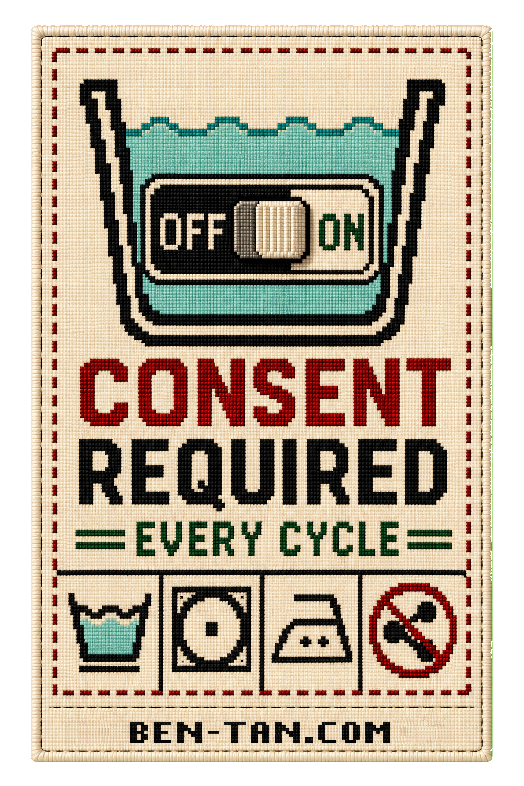 A woven laundry tag with an on/off toggle, Consent Required, Every Cycle, and care symbols.