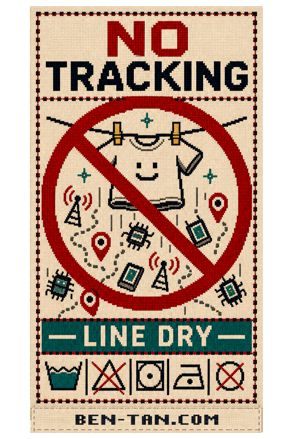 A woven laundry tag with a crossed-out tracking symbol over a hanging shirt, No Tracking, and Line Dry.