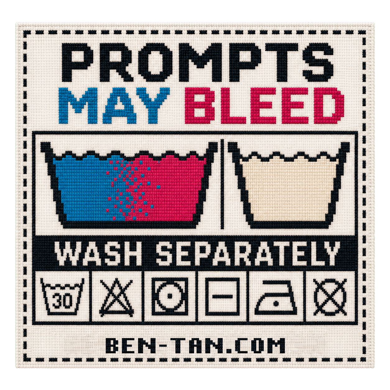 A woven tag with blue and pink wash tubs, Prompts May Bleed, and Wash Separately.