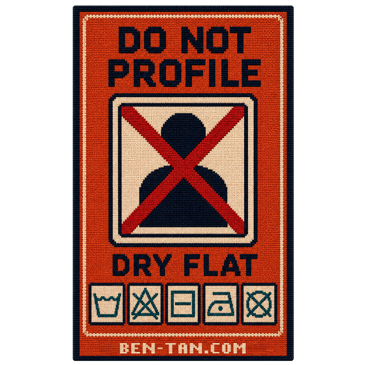 An orange woven tag with a crossed-out profile, Do Not Profile, and Dry Flat.