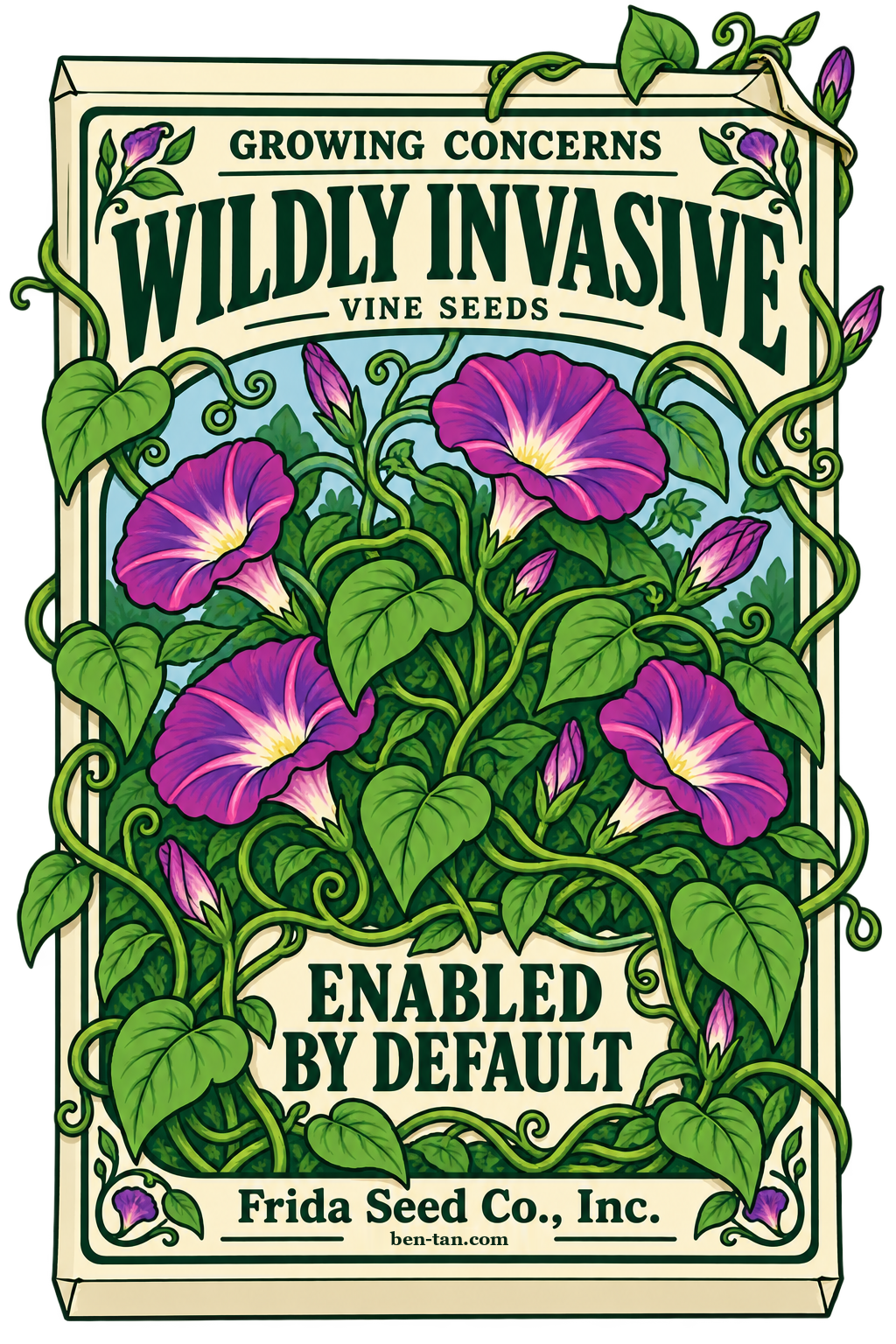 A Frida Seed Co. seed packet of spreading purple morning glories labeled Wildly Invasive and Enabled by Default.