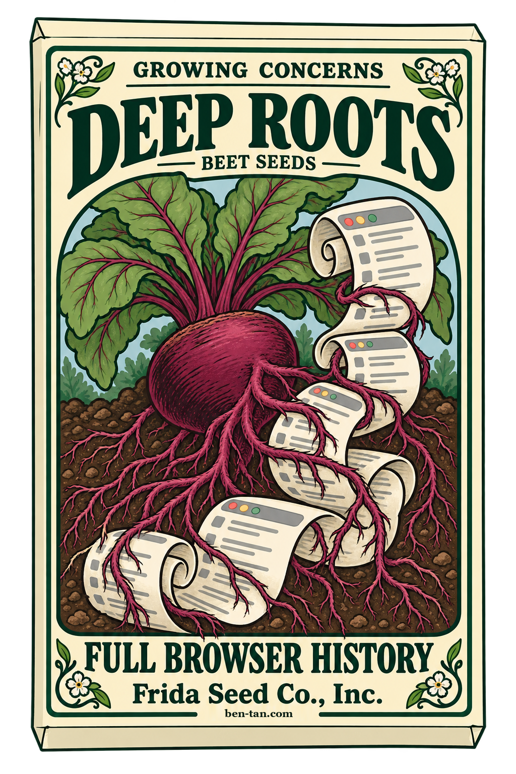 A Frida Seed Co. packet with beet roots wrapped around browser-history scrolls, Deep Roots, and Full Browser History.