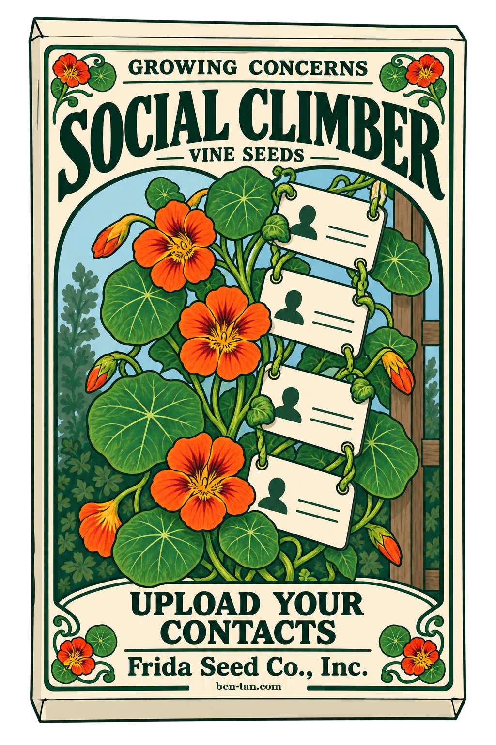 A Frida Seed Co. packet with orange nasturtiums climbing contact cards, Social Climber, and Upload Your Contacts.