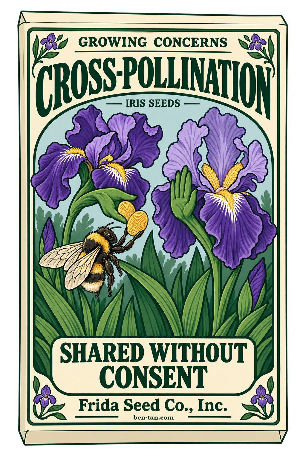 A Frida Seed Co. packet with two purple irises and a bee passing fingerprint pollen, Cross-Pollination, and Shared Without Consent.