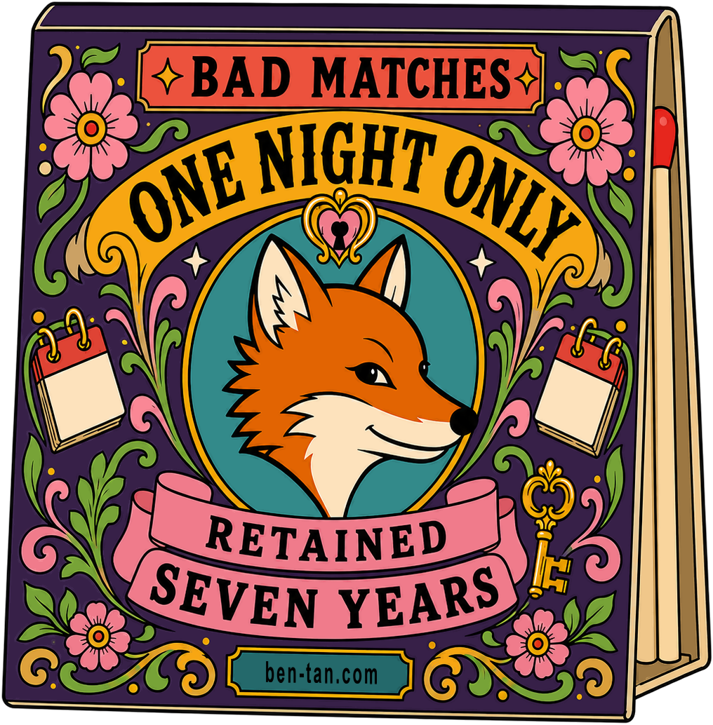 A purple souvenir matchbox with a fox, calendars, a key, One Night Only, and Retained Seven Years.