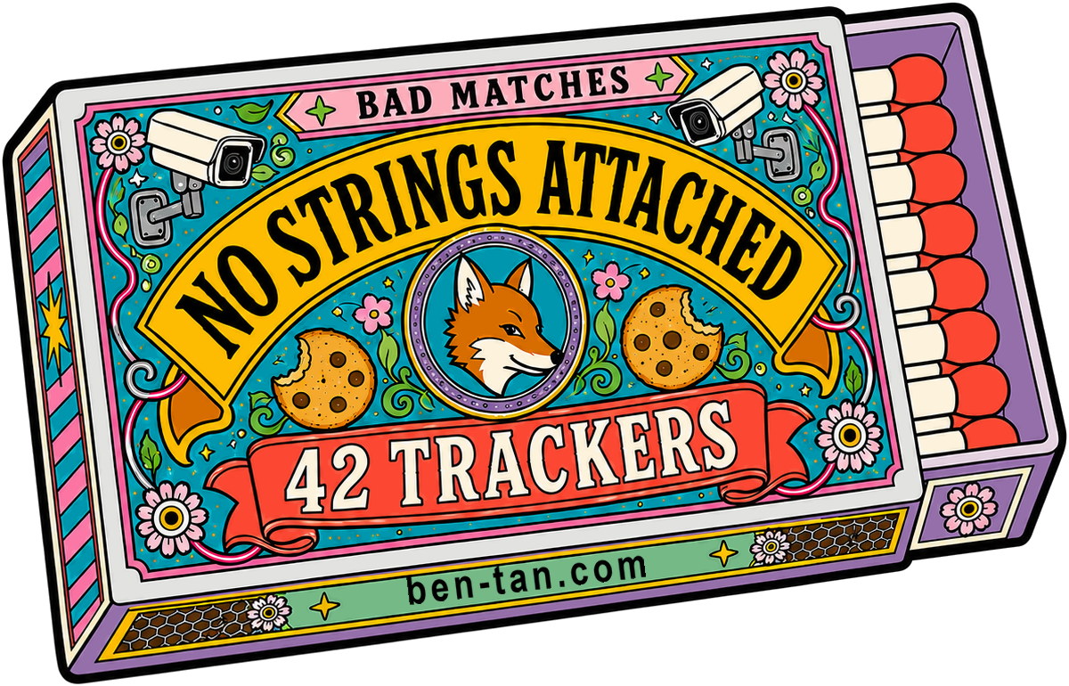 An open purple and teal matchbox with cameras, cookies, a fox, No Strings Attached, and 42 Trackers.
