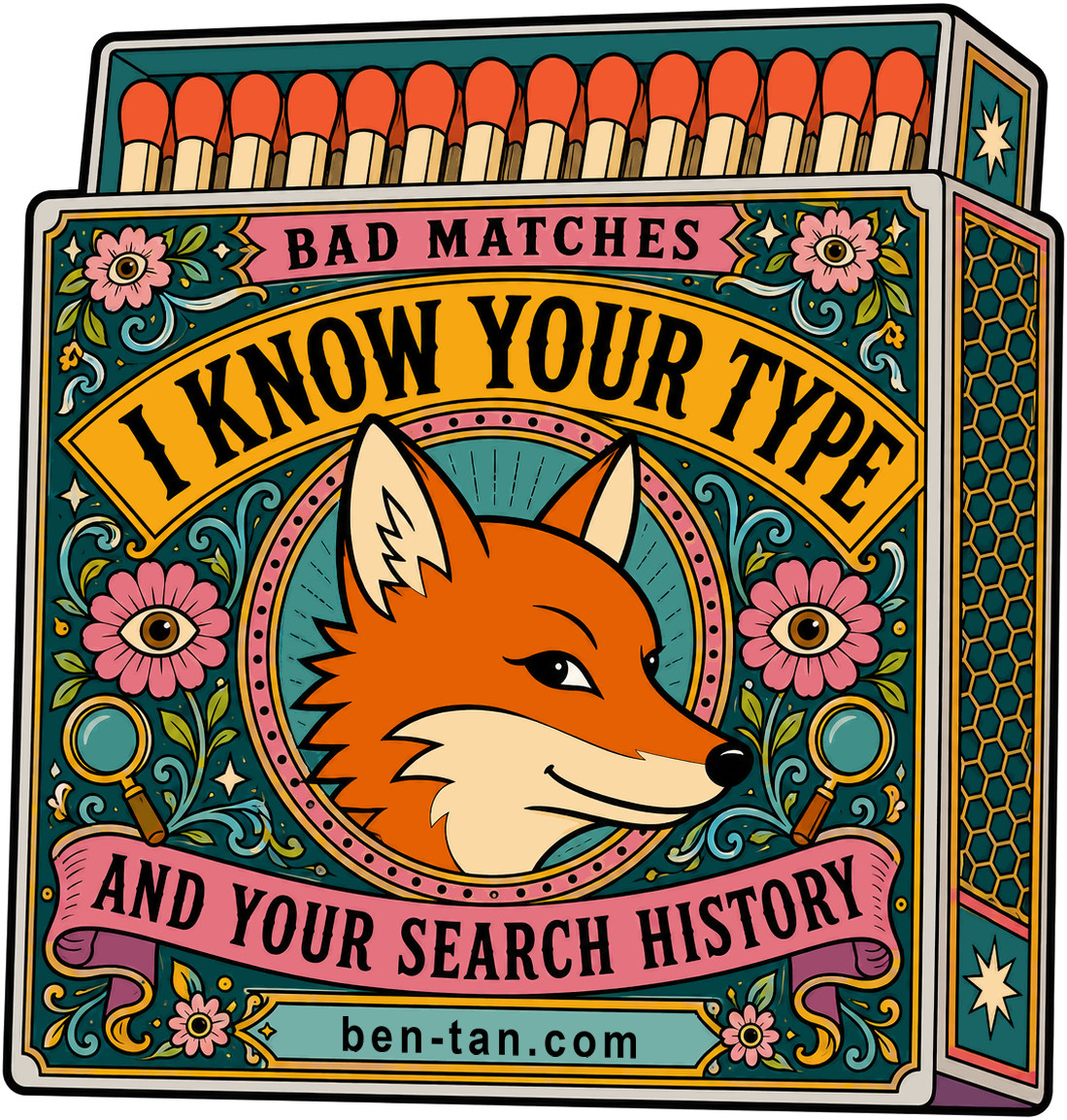 A teal matchbox with a fox, target motifs, I Know Your Type, and And Your Search History.