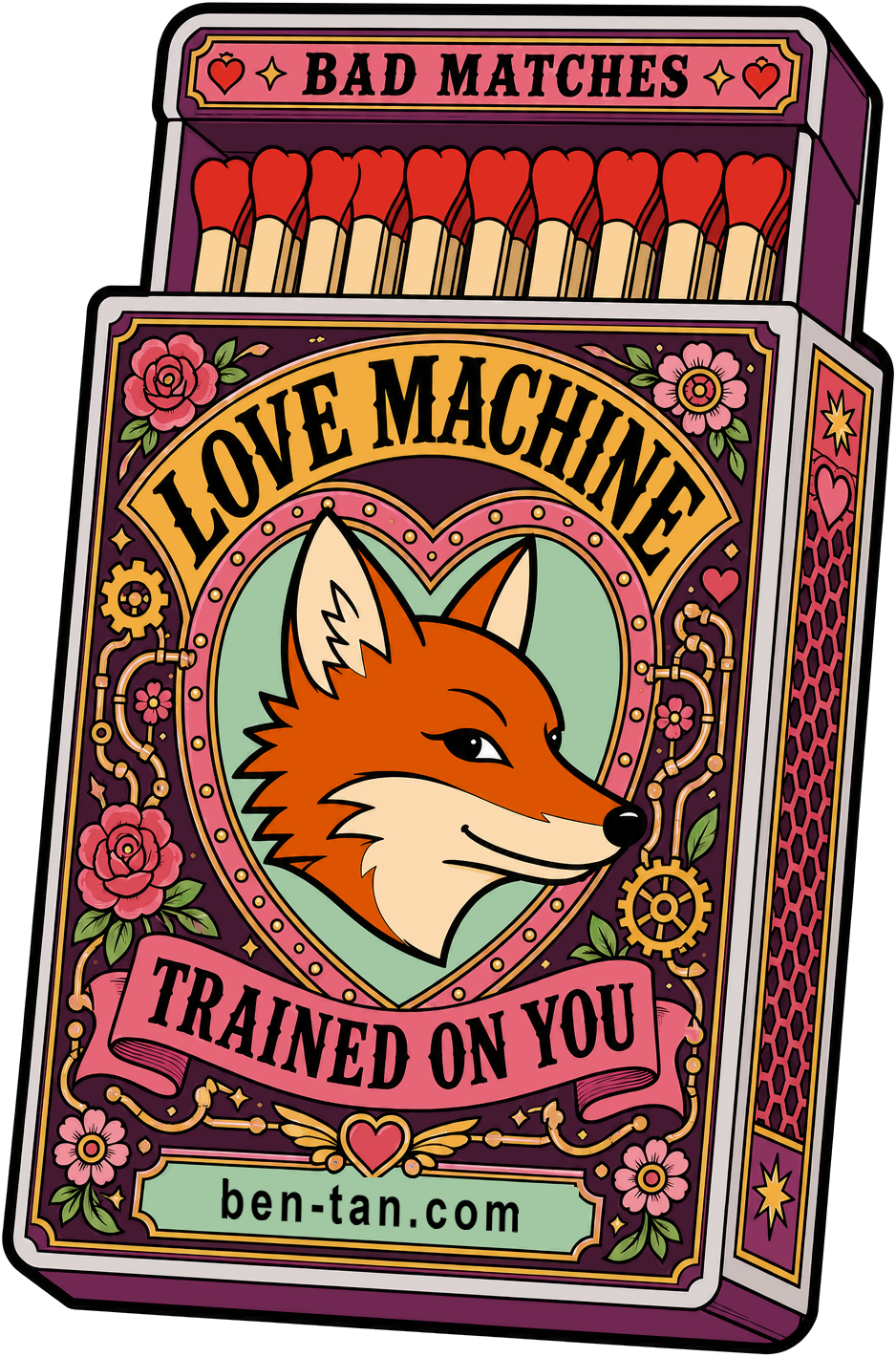 A pink and purple matchbox with a fox, hearts, pipes, Love Machine, and Trained on You.